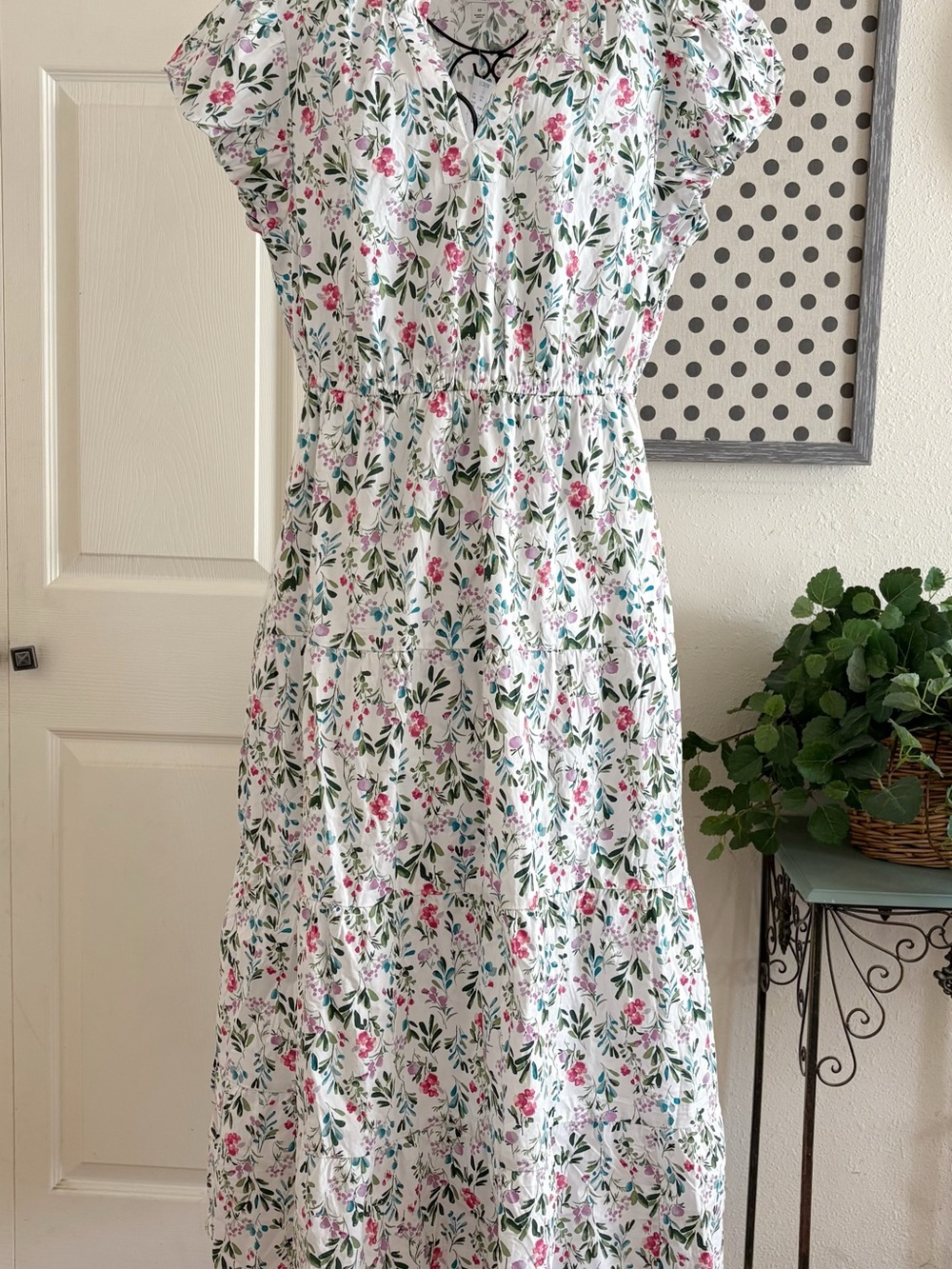 Banana Republic White Maxi Dress with Pink & Green Floral Print